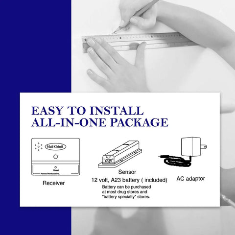 Mailbox Alarm For Delivered Mail Notification System, easy install components, including wireless transmitter, receiver, battery, AC adaptor