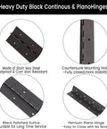 3 Pack Heavy Duty Piano Hinges 10 Inch Black Stainless Steel Long Hinge Rust Resistant Hardware For Cabinets, showing details and features.