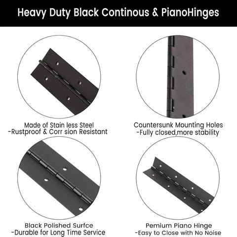 3 Pack Heavy Duty Piano Hinges 10 Inch Black Stainless Steel Long Hinge Rust Resistant Hardware For Cabinets, showing details and features.