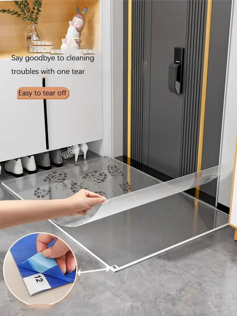 Heavy Duty 300 Sheet Adhesive Tacky Mats For Sweeping Dust Dirt And Grit Off Boots And Equipment Wheels Quick Peel Replacement Layers, displayed in use.