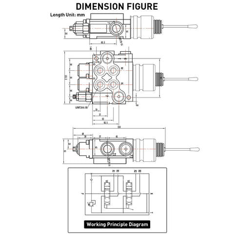 Technical drawing of Joystick Hydraulic Control Valve With Two Spools 11 GPM Directional Valve For Log Splitters Tractors And Loaders Closed Center System Auto Reset Lever Heavy Duty Double Acting Cylinders with measurements in millimeters.