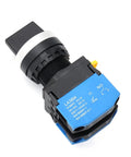 22mm 3 Position Maintained Rotary Selector Switch With 2NO Latching Contacts, side view showing blue and black casing