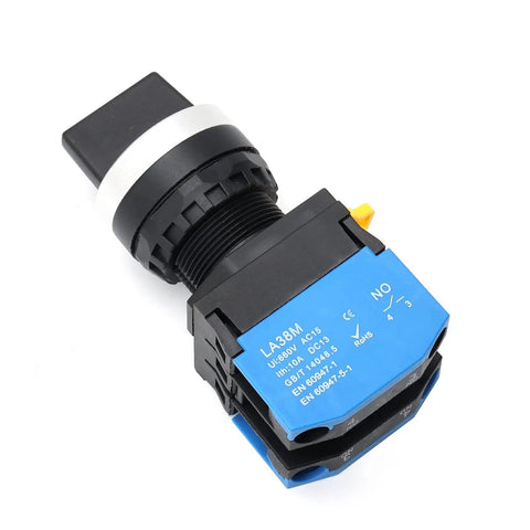 22mm 3 Position Maintained Rotary Selector Switch With 2NO Latching Contacts, side view showing blue and black casing