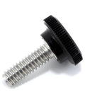 Stainless Steel Thumb Screw 1/4-20 Thread With Black Knurled Round Plastic Knob 3/4 Inch Length Standard Coarse Thread Corrosion Resistant Reusable No Tools Needed Made In USA Pack Of 25, angled close-up