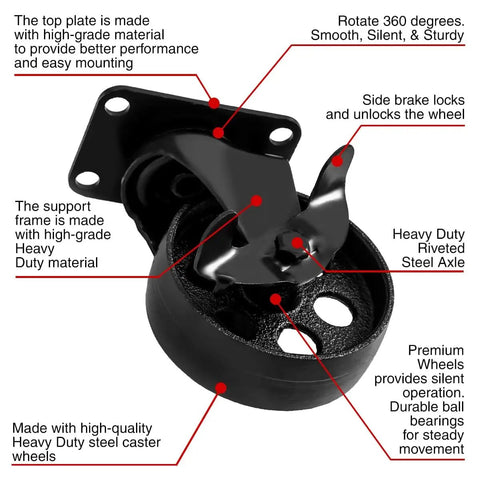 All Black Heavy Duty 4 Inch Swivel Plate Caster Wheels With Brake Lock, 400 Lbs Capacity Each, Iron High Gauge Steel, 2.5 x 3.5 Plate