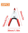 20 Pack 2 Inch Spring Clamps With Rubber Tips For Woodworking Camping Photography Furniture Crafts And Backdrops Heavy Duty Grip And Quick Setup, close-up of one clamp showing measurements.