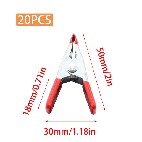 20 Pack 2 Inch Spring Clamps With Rubber Tips For Woodworking Camping Photography Furniture Crafts And Backdrops Heavy Duty Grip And Quick Setup, close-up of one clamp showing measurements.