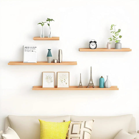 Floating shelves adorned with decor using All In One Concrete Wall Anchors And Stainless Steel Screws Kit, 100 Piece Set.