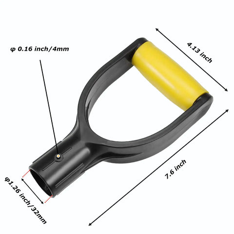 Spade Handle Replacement For Snow Shovels With 32mm Inner Diameter Plastic D Grip Style, Yellow Garden Tool, Measurement Labels