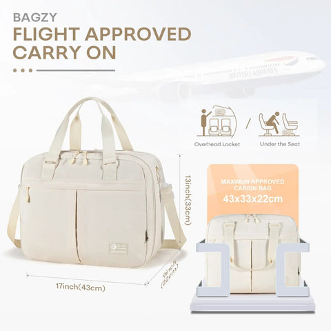 Underseat Personal Item Travel Bag For Airplanes Lightweight Weekender Duffle With A 15.6 Inch Laptop Compartment Carry On Beige Built For Women And Men Perfect For Overnight Trips And Quick Getaways, shown with dimensions and airplane illustration.