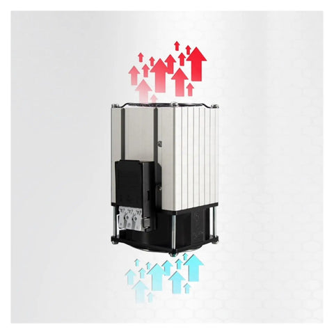 Heavy Duty PTC Cabinet Air Conditioner And Heater Top Notch Aluminum Enclosure With Smart Thermostatic Fan, demonstrating airflow direction.