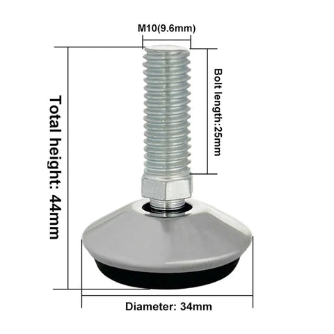 Eight Piece Adjustable Furniture Feet Set With Self Leveling Screws For Chairs Tables Cabinets And Restaurant Benches M8 And M10 Threads Heavy Load Support For Leveling On Uneven Floors showing M10 thread and measurements