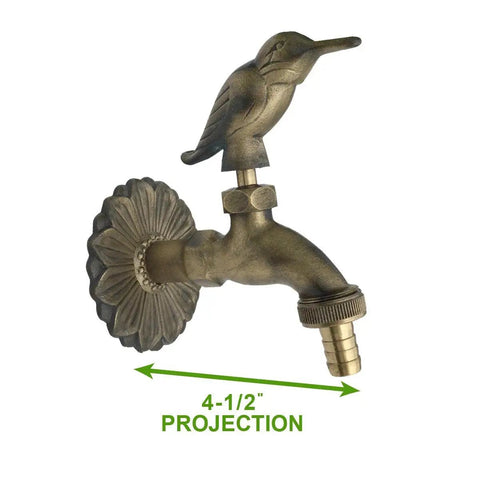 Outdoor Brass Garden Faucet With Bird Shaped Bibcock, 4.5 Inch Spigot, Decorative Antique Finish, Three Quarter Inch Hose