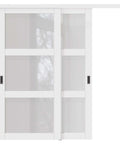 Frosted Glass Sliding Closet Door Kit With Hardware, 72 By 80 Inches, Double Barn Doors, Three Panel Tempered Glass, White Finish
