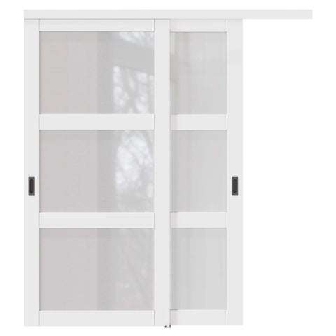 Frosted Glass Sliding Closet Door Kit With Hardware, 72 By 80 Inches, Double Barn Doors, Three Panel Tempered Glass, White Finish