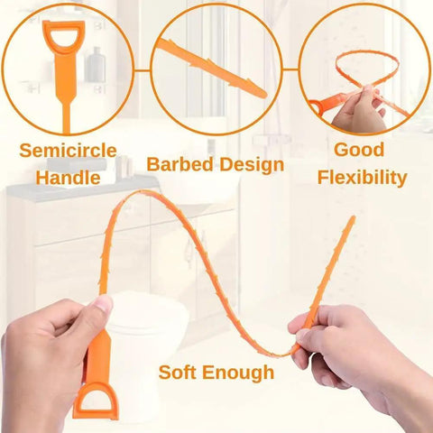 Person holding 5 Pack 25 Inch Drain Clog Remover Tools For Hair Blockages featuring barbed design and flexible handle near bathroom sink.