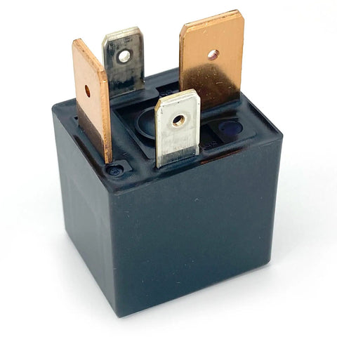 Close-up of Two Pack 70A 12V DC Automotive Relay 4 Pin SPST With Resistor, featuring copper terminals for electrical connections.