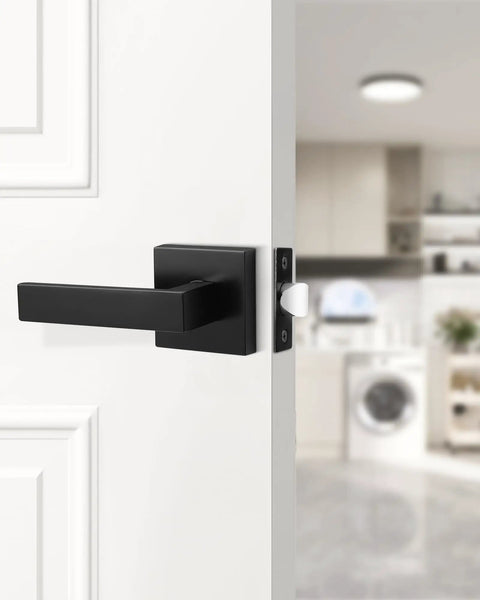 Straight Up Smooth Matte Black Passage Door Handles Two Pack Interior Closet Lever Hardware Non Locking Keyless Design For Hallways Built Tough Zinc Alloy Reversible Left Right Handed Easy Install on white door