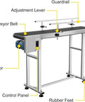 Industrial Conveyor Table 59 By 7.8 Inch Stainless Steel Belt System With 60W Motor showcasing belt, guardrails, and control panel.