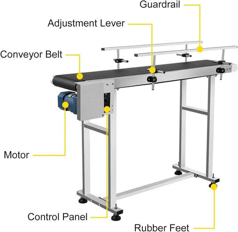 Industrial Conveyor Table 59 By 7.8 Inch Stainless Steel Belt System With 60W Motor showcasing belt, guardrails, and control panel.