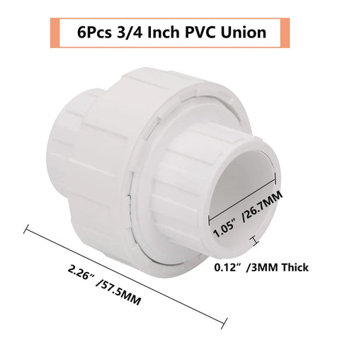 Six Pack Three Quarter Inch PVC Union Fittings Socket To Socket Slip On Couplings For Schedule 40 PVC Plumbing White With EPDM O Ring Easy Install Heavy Duty Frost Resistant Connector No Fuss