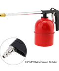 Rugged Pneumatic Cleaning Spray Gun With 6mm Nozzle And 750ml Aluminum Cup in red, showcasing quick-connect air inlet for easy use.
