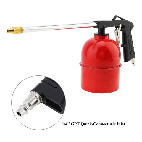 Rugged Pneumatic Cleaning Spray Gun With 6mm Nozzle And 750ml Aluminum Cup in red, showcasing quick-connect air inlet for easy use.