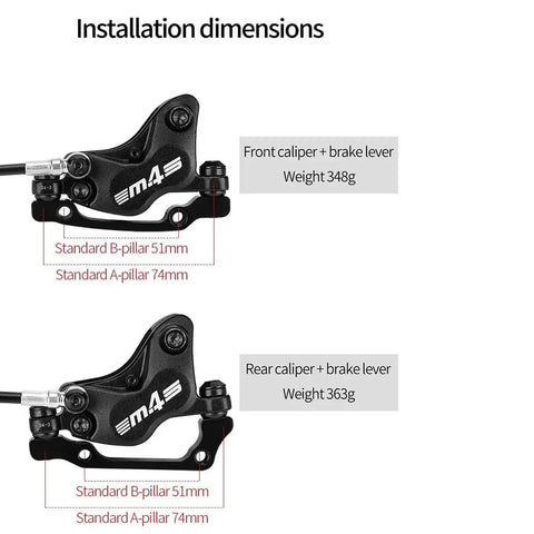 Installation dimensions of Beefy 4 Piston Hydraulic Disc Brake Set For Mountain And Road Bikes, front and rear calipers, aluminum