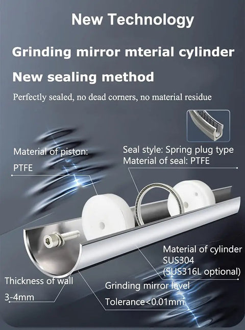 No Fuss Heavy Duty Pneumatic Bottle Filler Machine Horizontal Piston Design with PTFE piston and SUS304 cylinder material.
