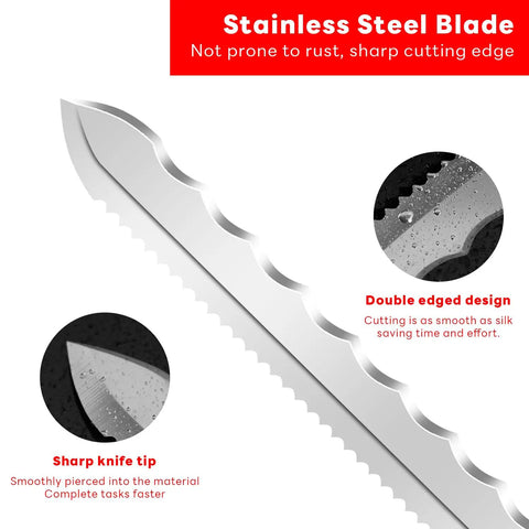 Close-up of stainless steel insulation and sod cutter knife with 11.14 inch double sided blade, highlighting sharp edges and tips