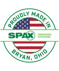 Logo of Spax engineered fasteners with American flag, proudly made in Bryan, Ohio