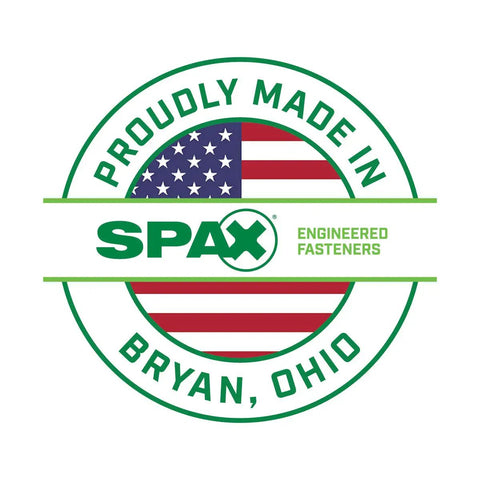 SPAX engineered fasteners logo with American flag, text 'Proudly Made in Bryan, Ohio'