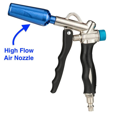 Heavy Hitter Industrial Air Blow Gun With 40 Inch Stainless Steel Extension Wand High Output 200 Psi Blaster high flow air nozzle close-up.