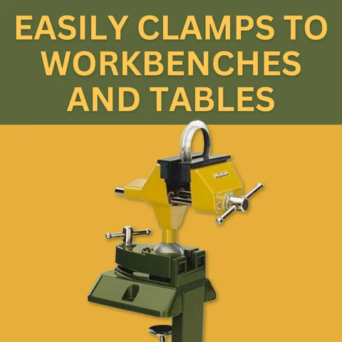 Beefy Precision Vise With Clamp For Workbenches And Tabletops 3 Inch Jaws 360 Degree Rotation Die Cast Zinc Construction Durable Bench Vise For Metalworking Woodworking And Hobby Projects mounted on a tabletop