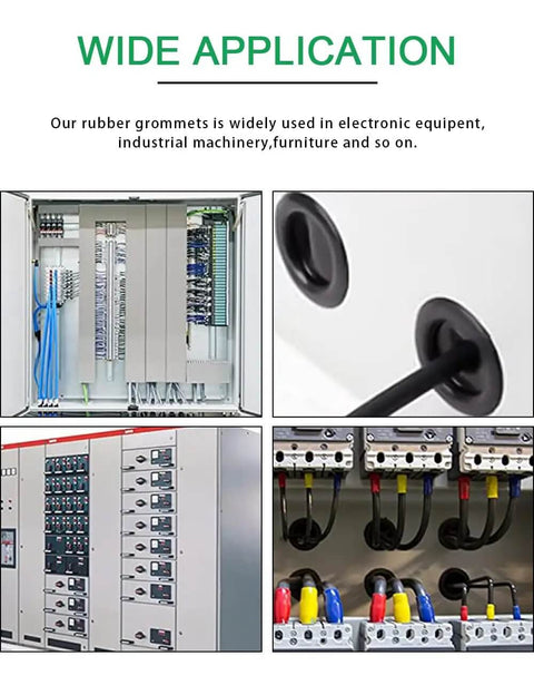 Wide application of 110 Pcs Rubber Grommets Kit With Six Sizes in electrical panels and cable management systems.