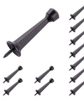 Super Sturdy Three Inch Heavy Duty Door Stops In A Spiffy Twelve Pack Featuring Dang Tough Solid Zinc Alloy Build And A Sleek Matte Black Finish To Safeguard Your Walls With Zero Fuss - Close up of matte black door stops with screws.