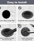 Installation steps for Super Sleek Two Inch Desk Grommet Cable Hole Covers showcasing a black grommet for cord management.