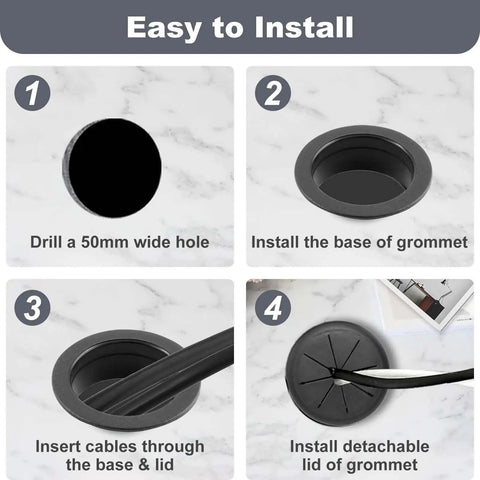 Installation steps for Super Sleek Two Inch Desk Grommet Cable Hole Covers showcasing a black grommet for cord management.