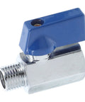 Heavy Duty Brass Pneumatic Mini Ball Valve Shut Off With Npt 1/4 Inch Threads For Smooth Garden And Home Plumbing Pipe Control No Sweat Install Durability, blue handle view.