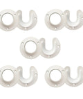 Heavy Duty White Closet Rod Brackets Support Sockets Fit Standard Closet Poles Slide Right On No Hassle Durable Plastic 5 Pack displayed in a set.