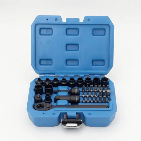 Slick Bi Directional Pass Through Ratchet Socket Set 37 Piece Quarter Inch Drive Metric Wrench Kit Featuring Quick Release Mechanism in blue case.