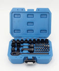 Boss Level 37 Pc Quarter Inch Drive Pass Through Ratchet Socket Set Featuring Bidirectional Metric Wrenches Rotating Handle Extension Bar And Quick Release Alloy Steel Toolbox in a blue case.
