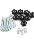 Kickass 8 Set Hardware Kit Featuring Solid Black Knobs, 1/4 Inch Hex Wedge Locknuts, And 1/4-20x2-1/2 Galvanized Bolts With Flat Washers, showing black knobs and galvanized bolts.