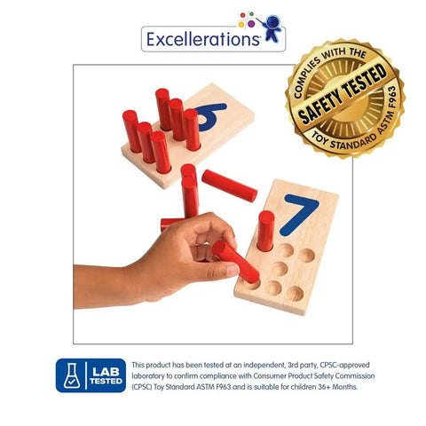 Peg Number Board Set With 10 Rubberwood Boards 55 Wooden Pegs And Storage Bag For Montessori Math Learning And Counting Kids Classroom Essentials displayed with red pegs being placed into number boards by hand.