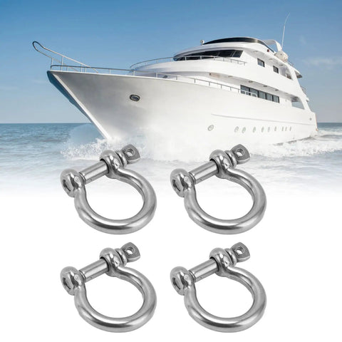 Top Shelf 4Pack 304 Stainless Steel Bow Shackles With Screw Pin D Anchor, heavy duty rigging hardware near a luxury yacht.