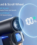 Portable Handheld Turbo Fan With 100 Speeds And 9000mAh USB Rechargeable Battery, showing LED display and scroll wheel