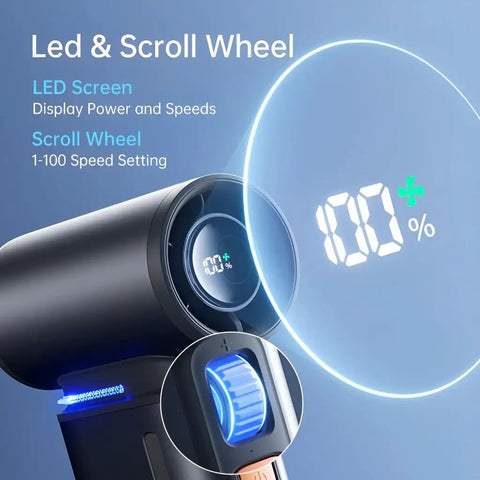 Portable Handheld Turbo Fan With 100 Speeds And 9000mAh USB Rechargeable Battery, showing LED display and scroll wheel