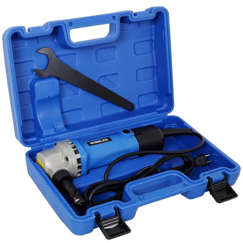 Greron 500w Electric Sheet Metal Nibbler 16 Gauge Cutter in blue.case with wrench, designed for steel and aluminum cutting projects.