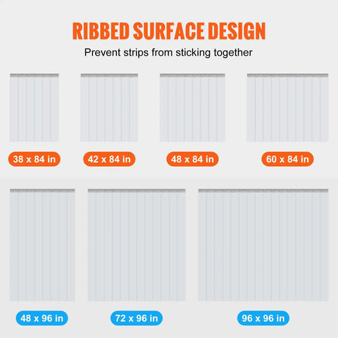 Size chart for clear PVC strip curtains with ribbed surface design for walk-in freezers, coolers, and warehouse doors.