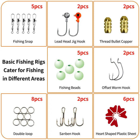 Fishing snaps, jig hooks, bullet copper, fishing beads, worm hooks, double loops, Sanben hooks, plastic sheets display set.